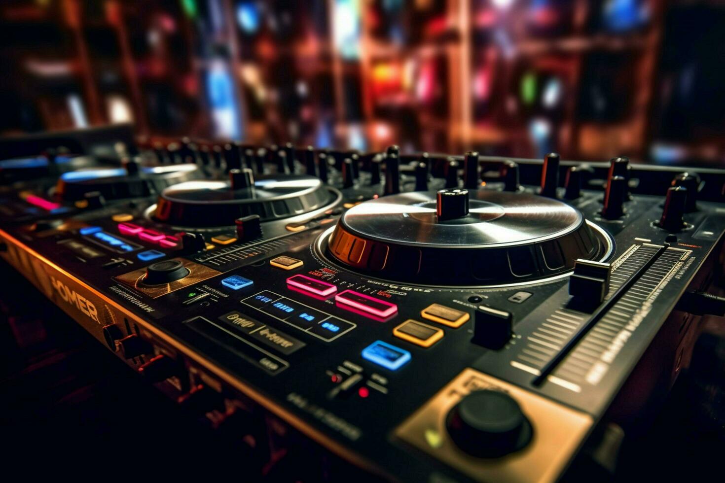 dj equipment in a club with a blurred background photo