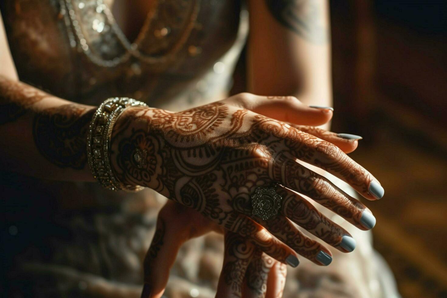 elegant bride henna adorning hand and beauty photo