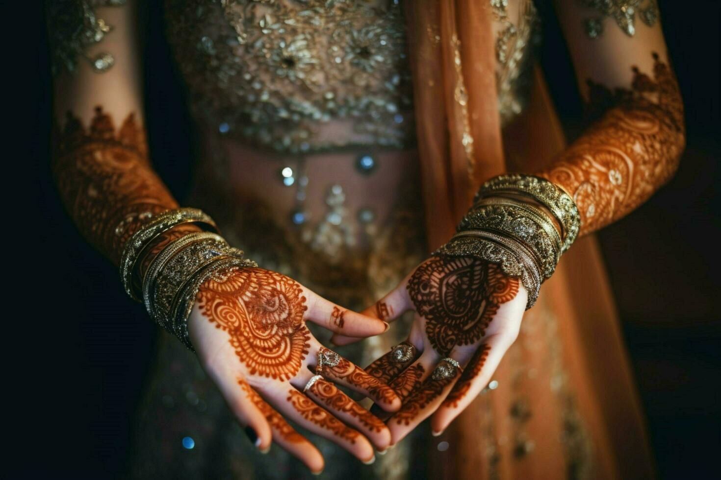 elegant bride henna adorning hand and beauty photo