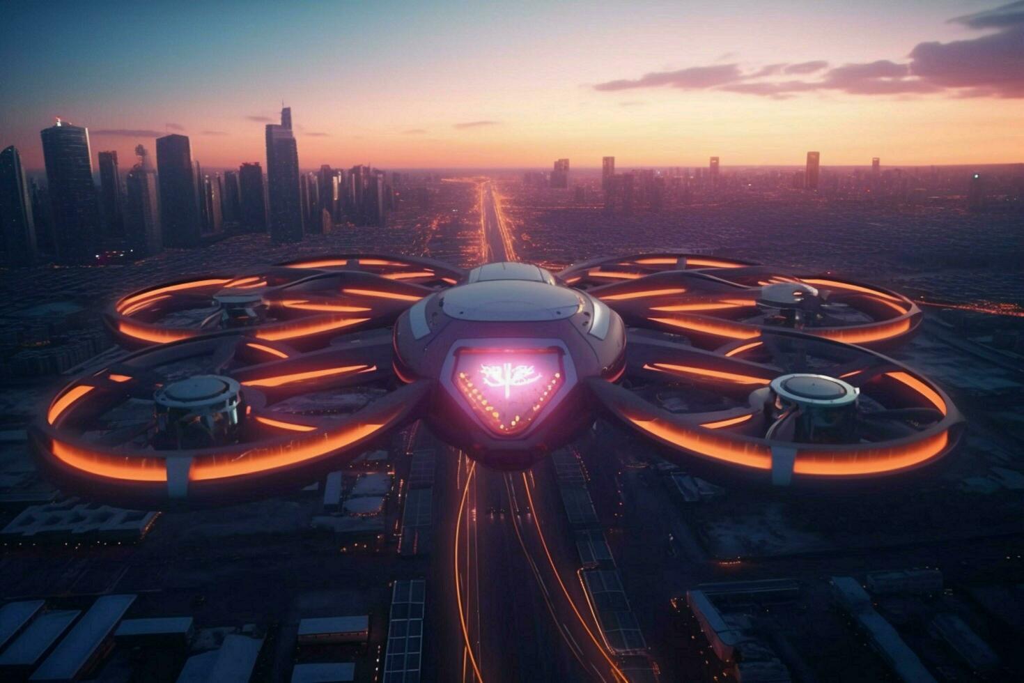 futuristic drone captures aerial view at sunset photo