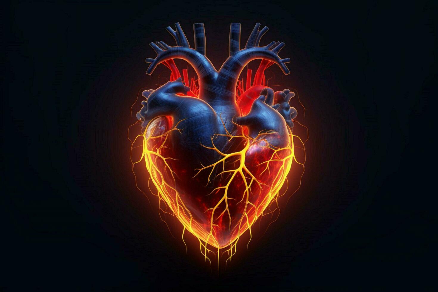 glowing lines at human heart 3d shape on dark backg photo