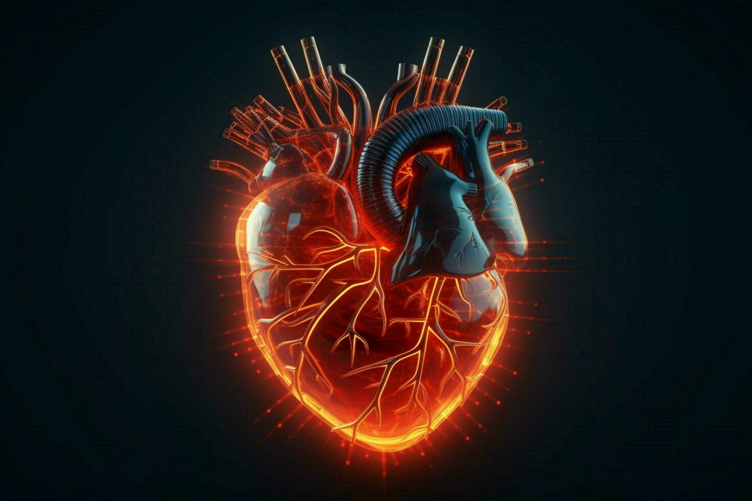 glowing lines at human heart 3d shape on dark backg photo