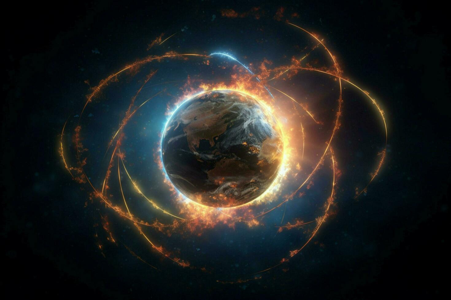 glowing sphere orbits planet earth in space photo