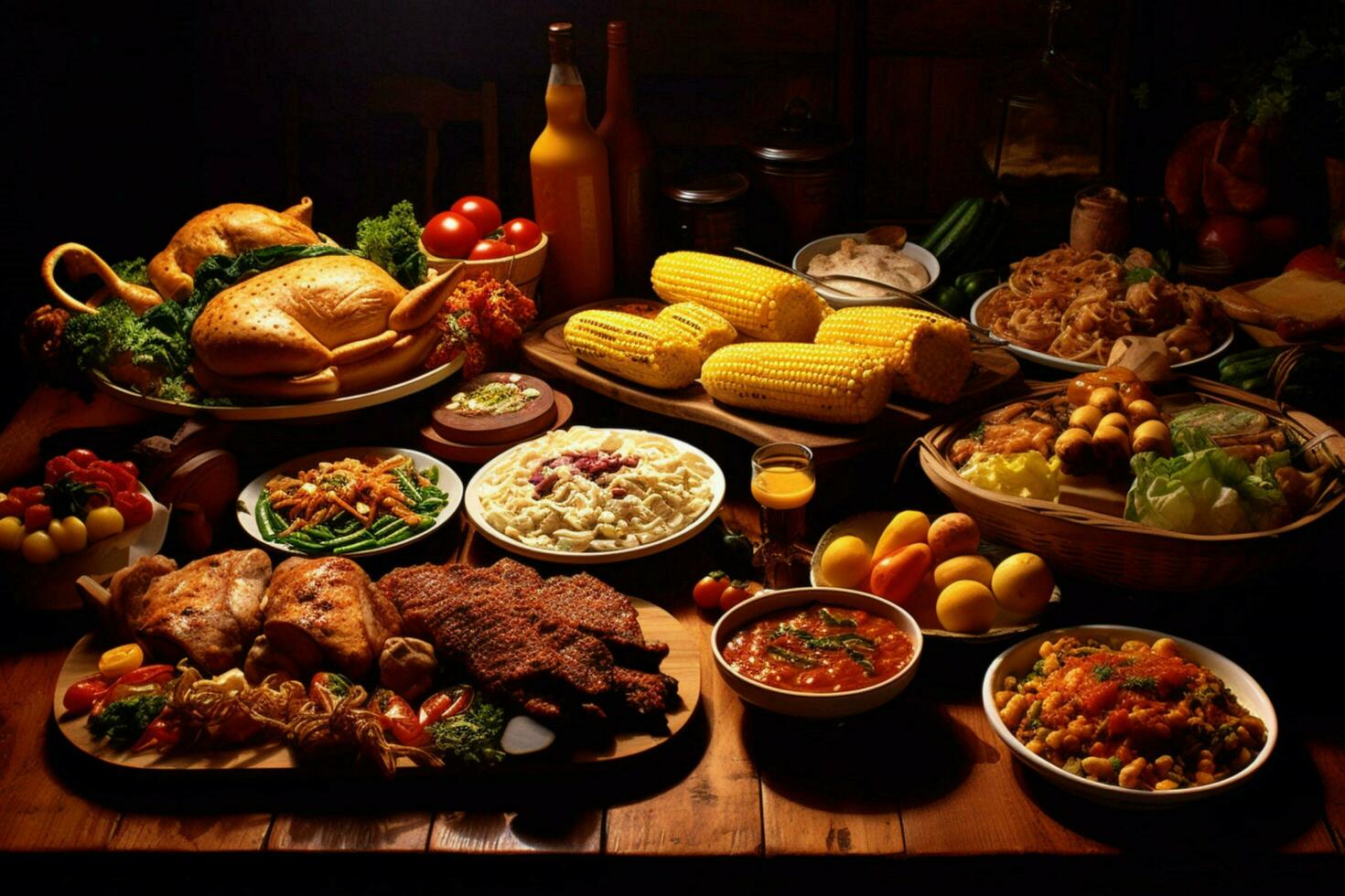 in lively colors a dinnertable full of food such as photo