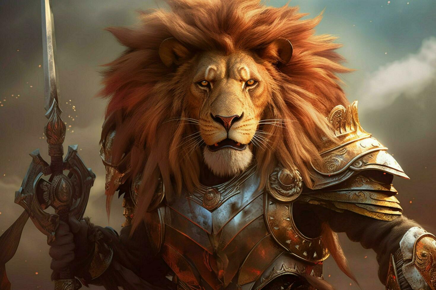 lion king with full armor and weapon photo