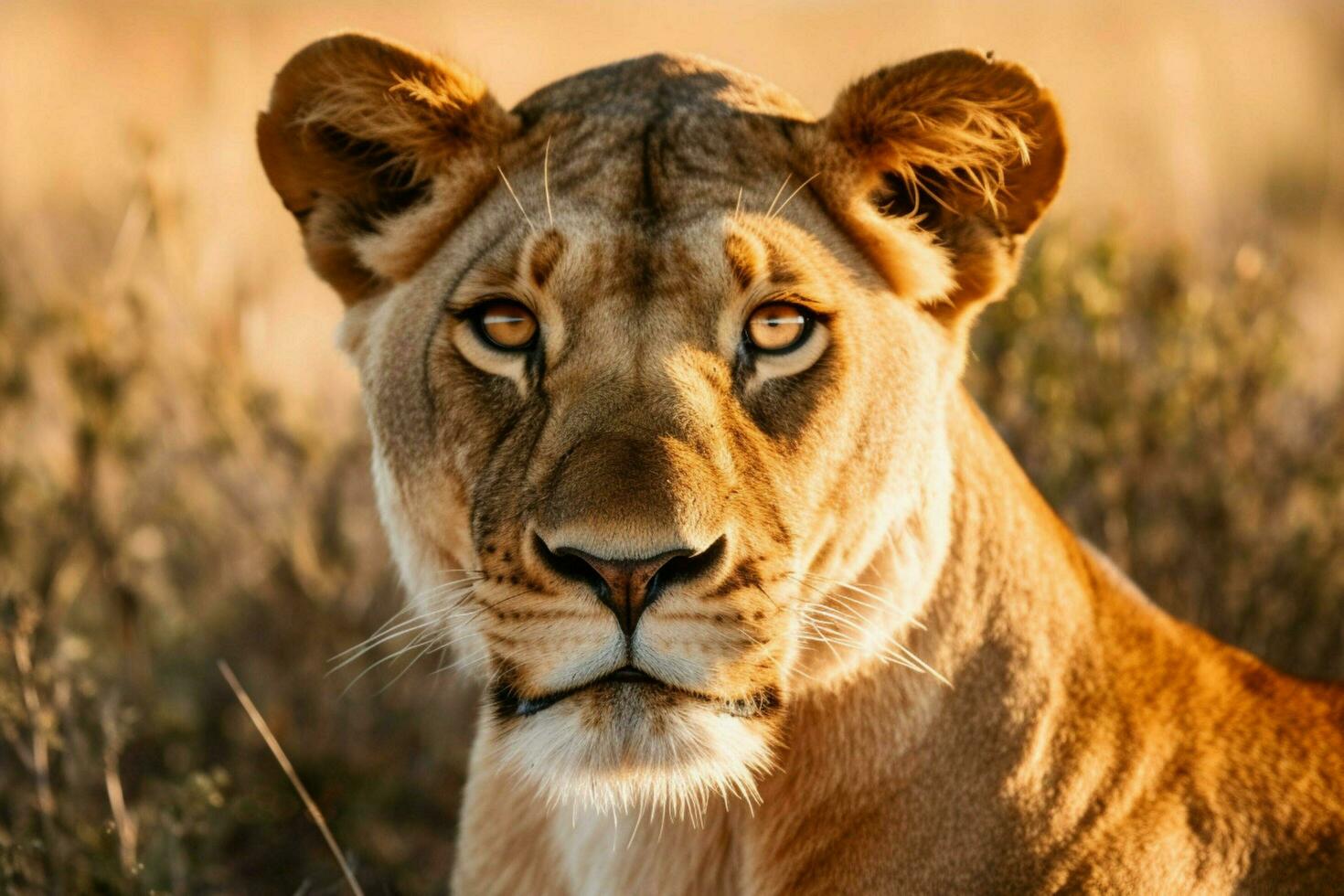 majestic lioness staring at camera in savannah photo