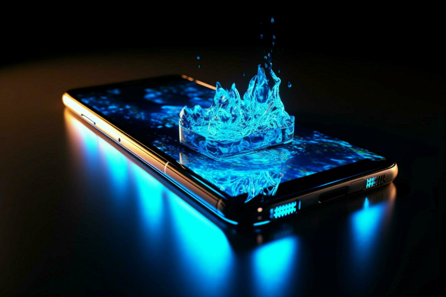 mobile phone glowing in blue reflection glass photo