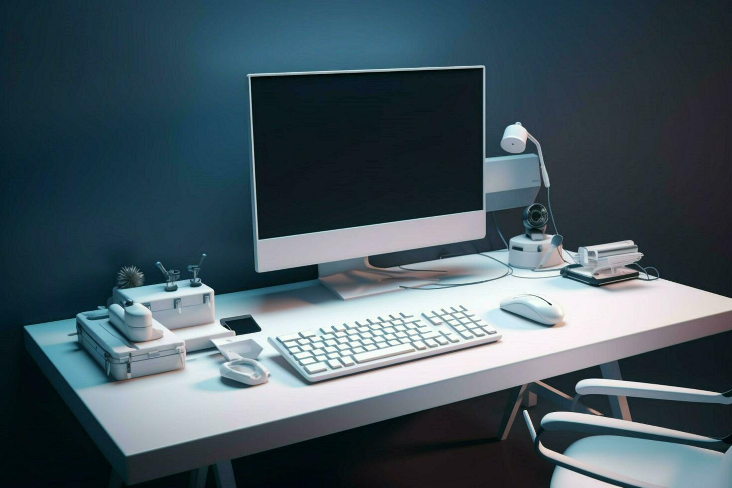 modern desk with computer monitor keyboard and mo photo