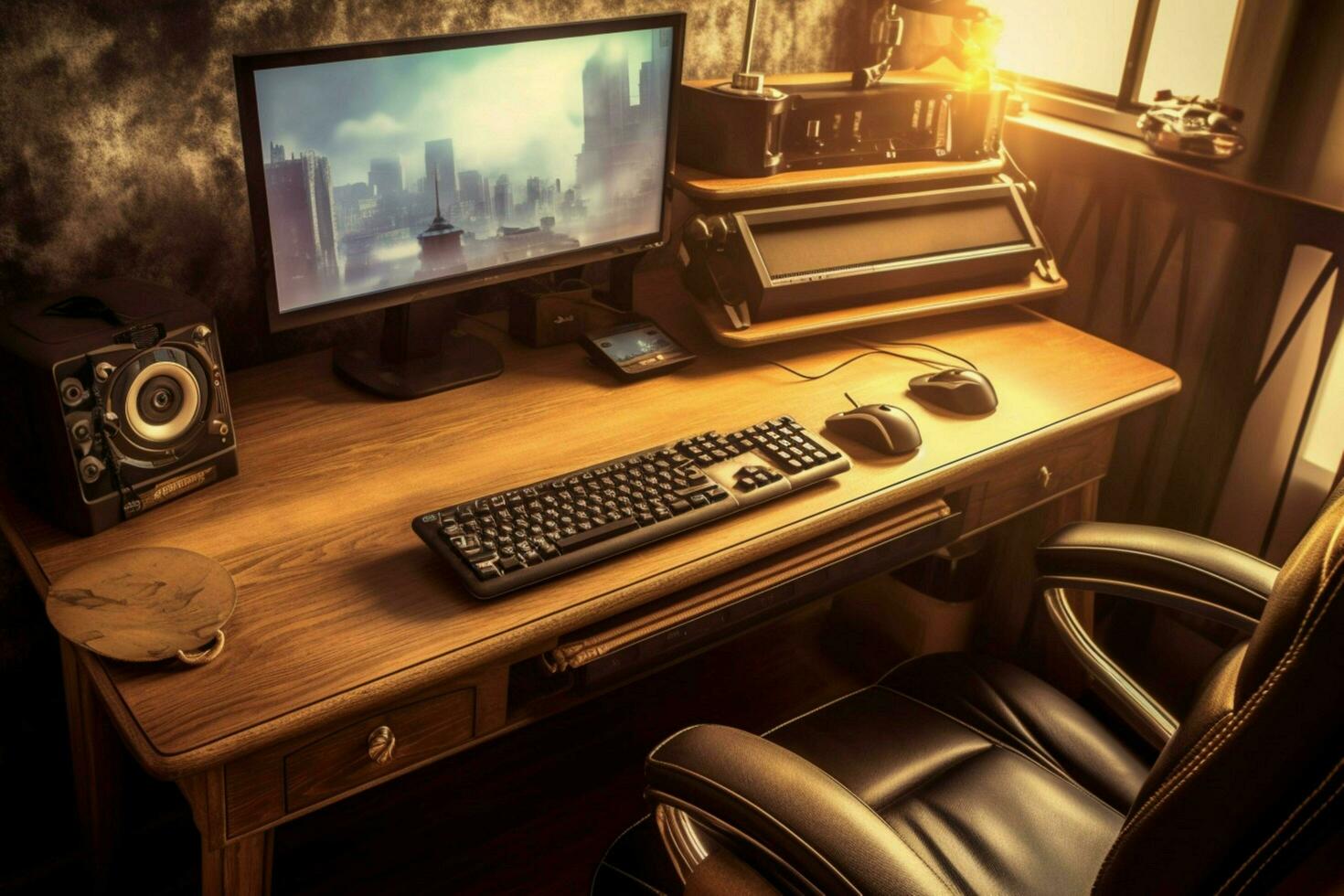 modern desk with computer monitor keyboard and mo photo