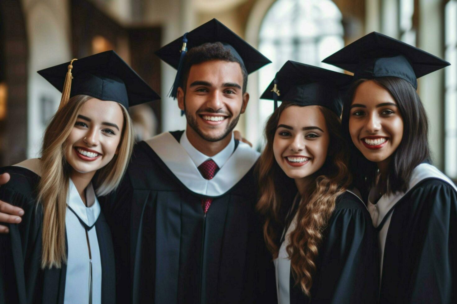 multi étnico grupo de graduados sonriente con éxito foto