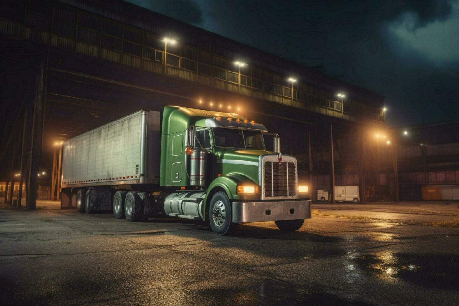 night trucking delivers cargo to steel warehouse photo