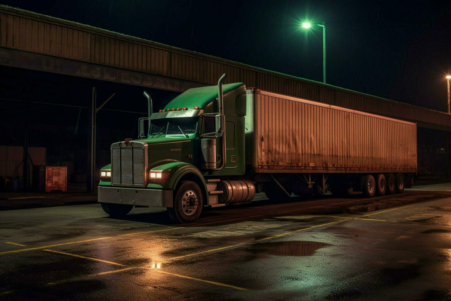 night trucking delivers cargo to steel warehouse photo