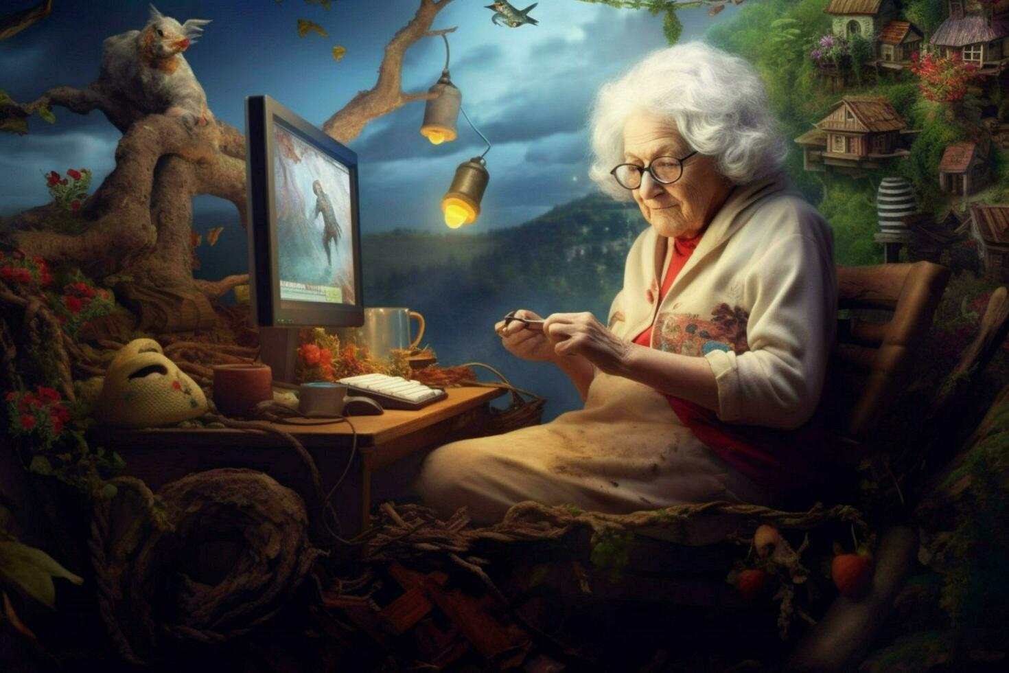old woman gaming fictional world photo