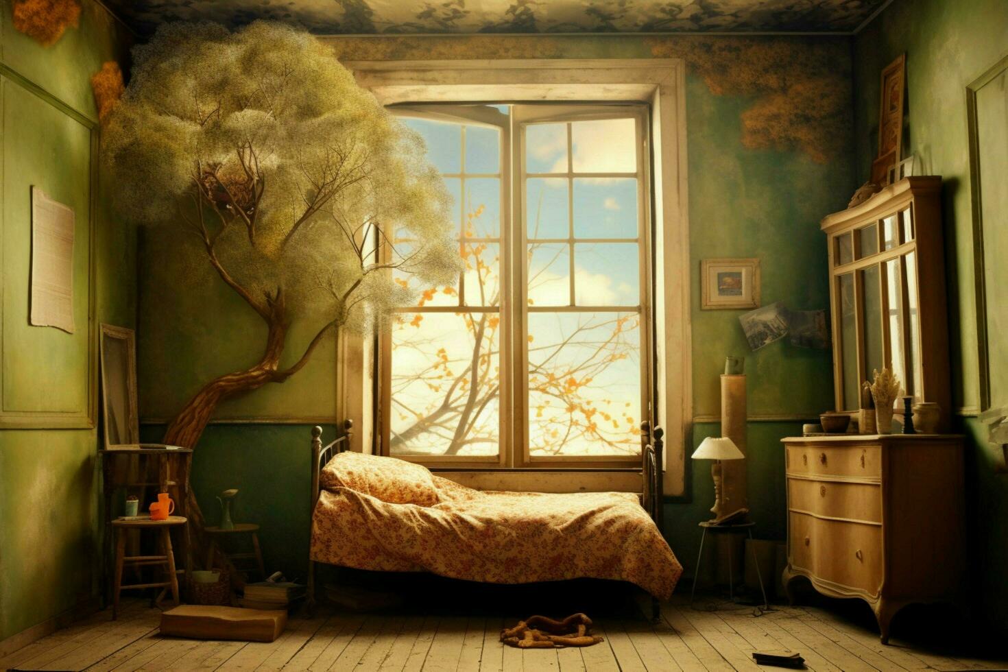 room with window and surreal view photo