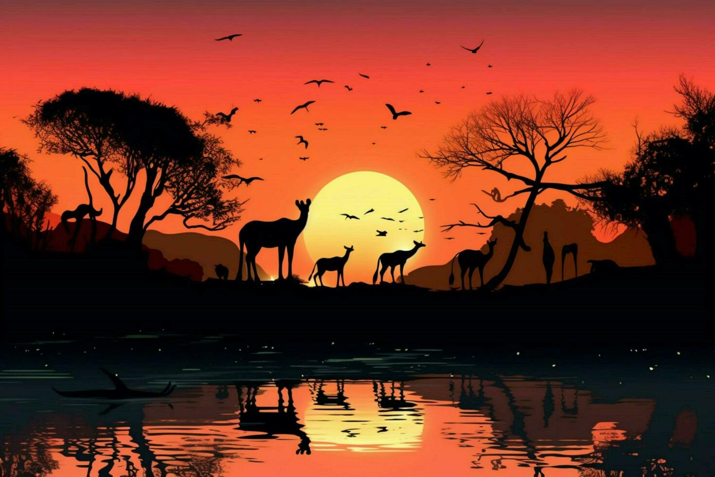 silhouette of animals in the wild at dusk photo