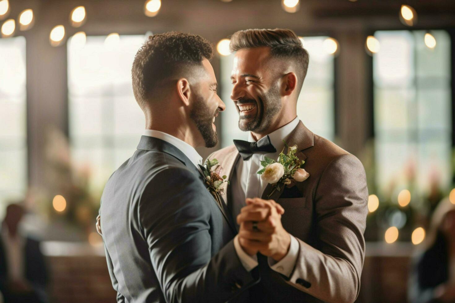 sonriente gay Pareja bailando en su Boda día foto