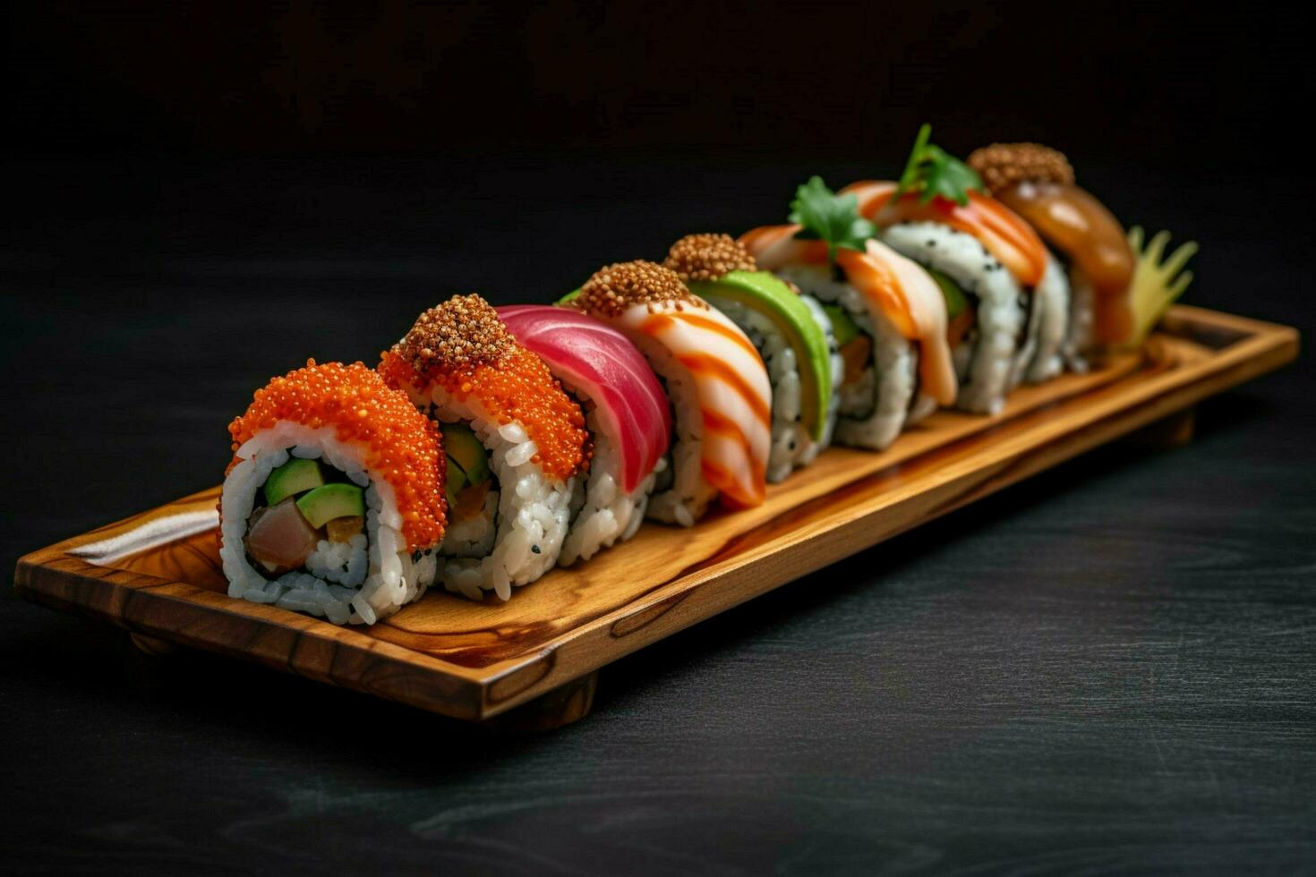 sushi rolls on wooden board photo