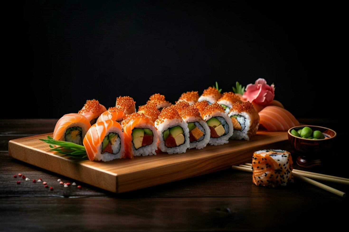 sushi rolls on wooden board photo