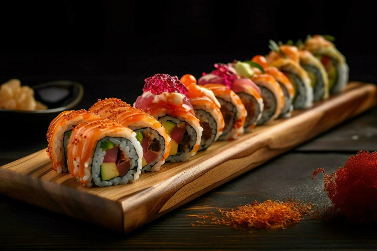 sushi rolls on wooden board photo