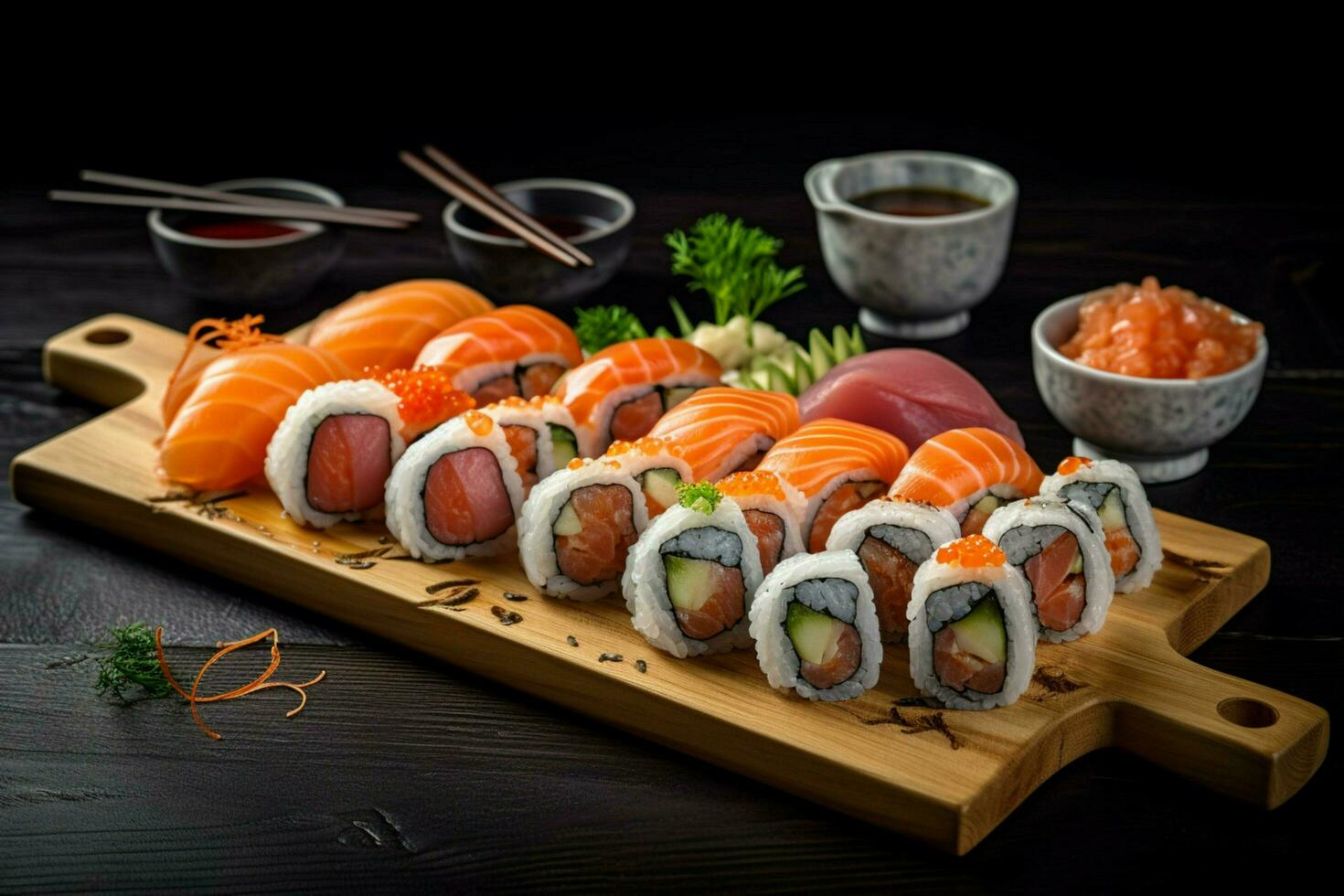 sushi rolls on wooden board photo