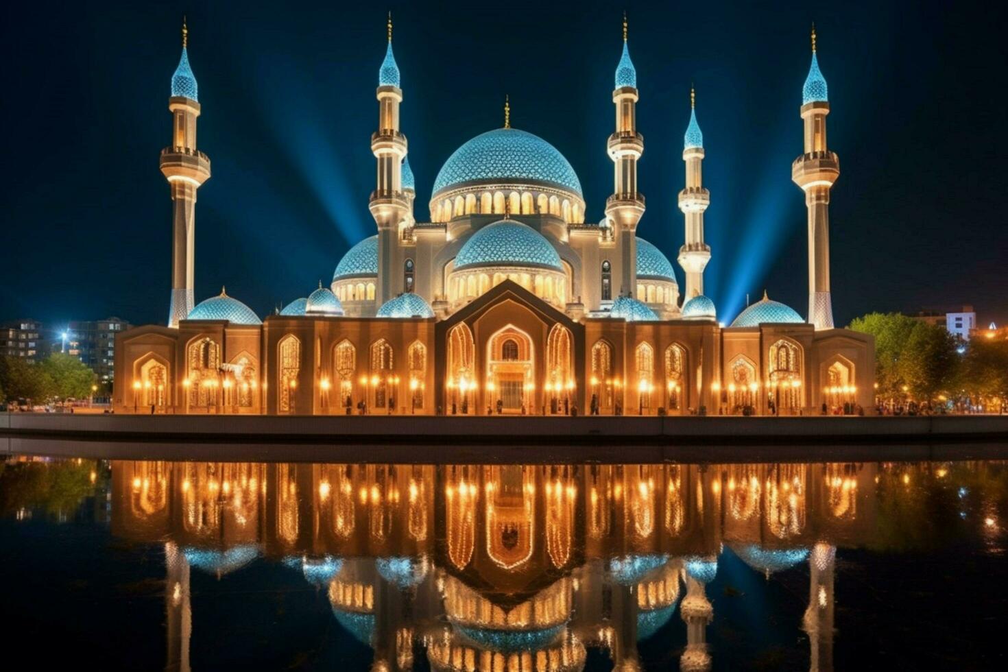 the beautiful serene mosque at night in the bless photo