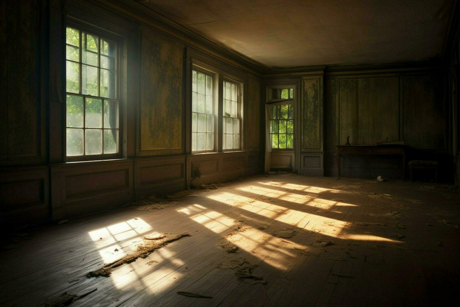 the interior of a house with a large window and a l photo