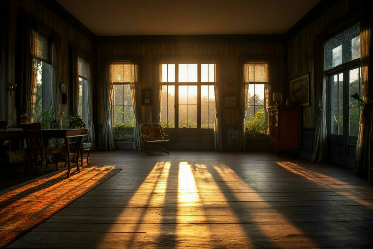 the interior of a house with a large window and a photo