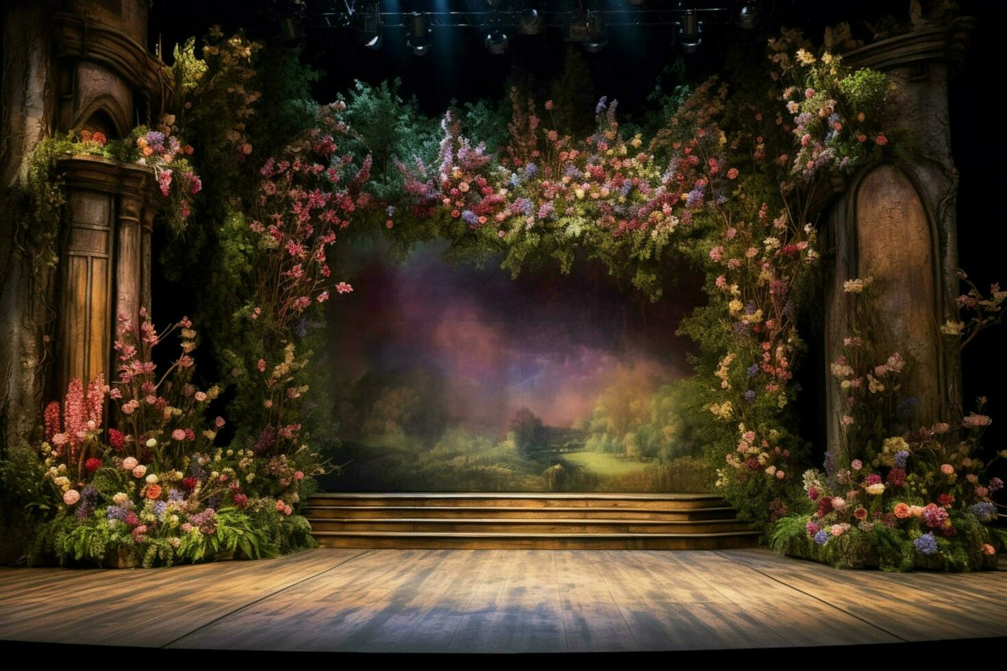 the stage of the stage with flowers and a stage photo