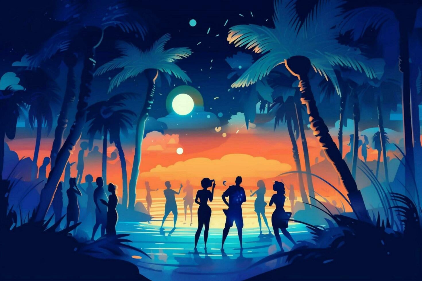 the image shows a night beach party with music an photo