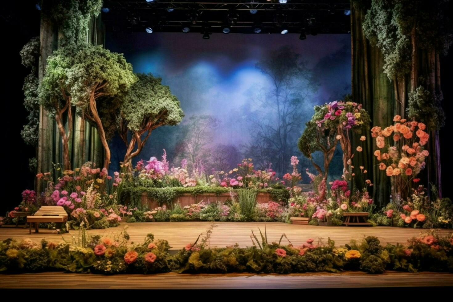 the stage of the stage with flowers and a stage photo