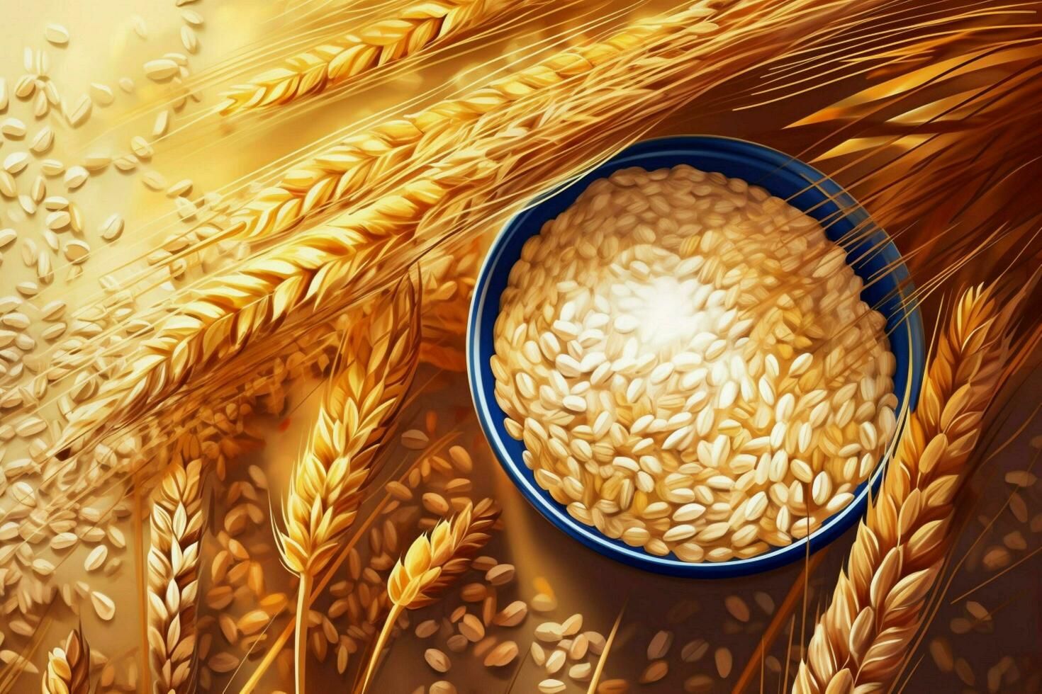 the wheat grain and flour in closeup illustration photo