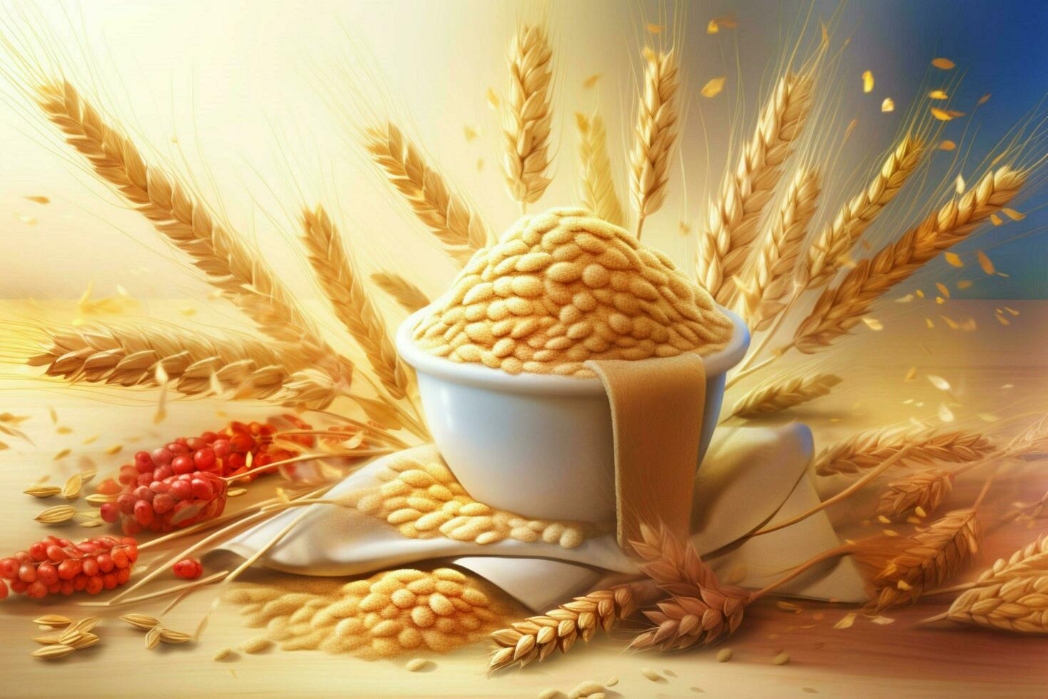 the wheat grain and flour in closeup illustration photo