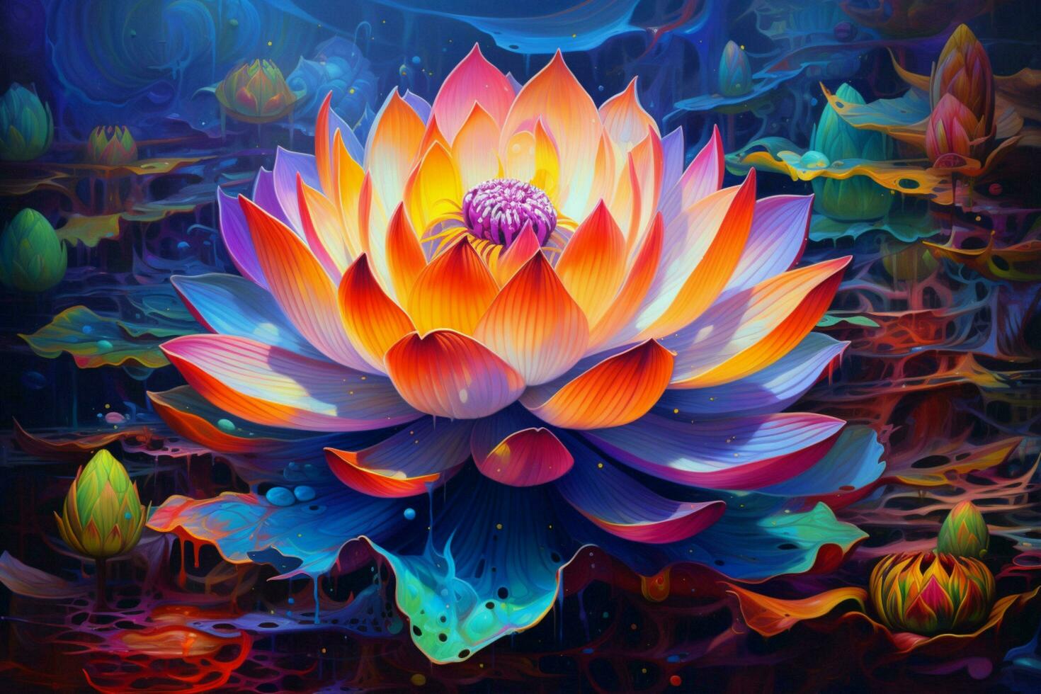 this artwork depicts a colorful lotus flower in f photo