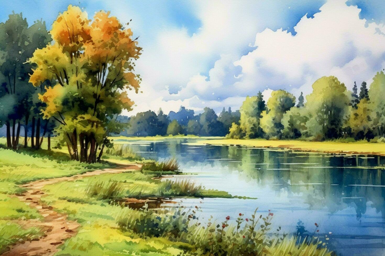 tranquil summer scenery a watercolor painting of photo