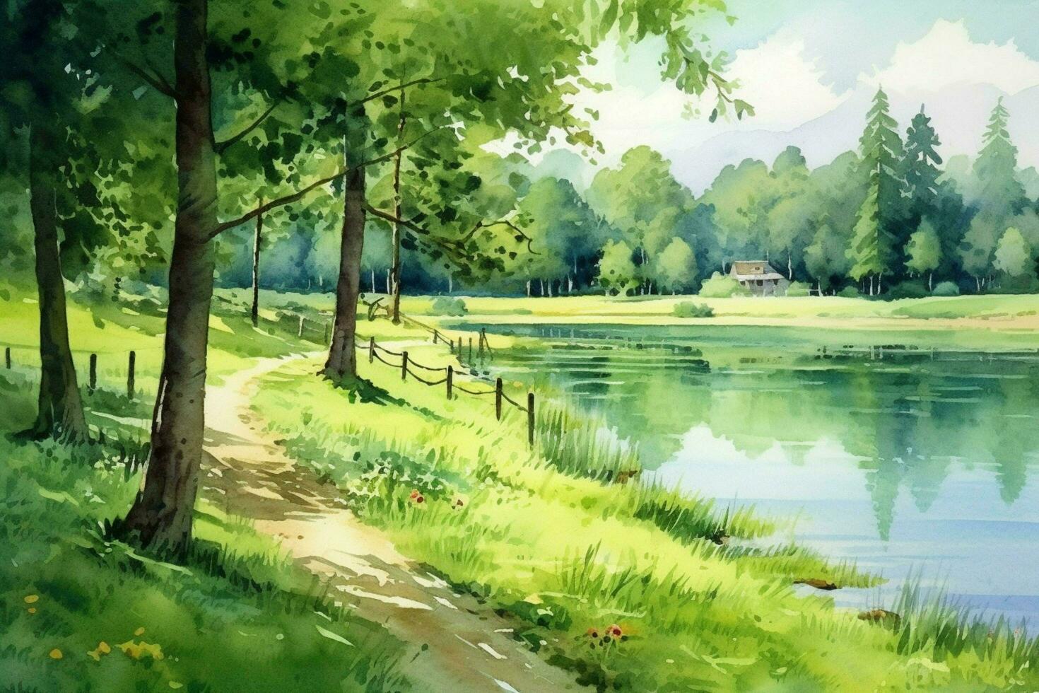 tranquil summer scenery a watercolor painting of photo