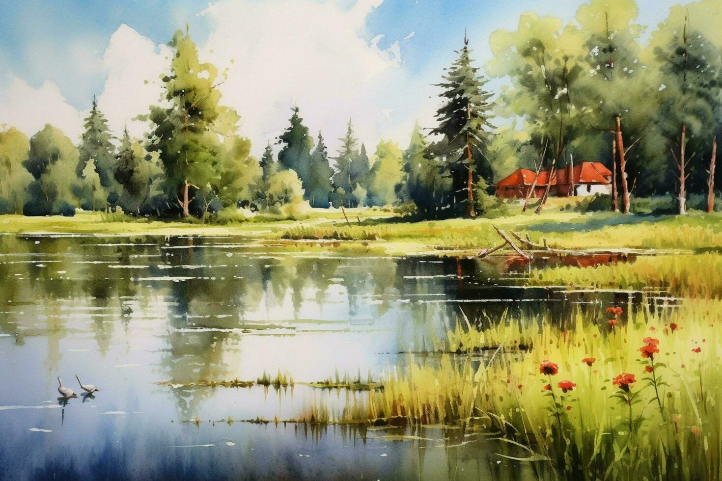 tranquil summer scenery a watercolor painting of photo