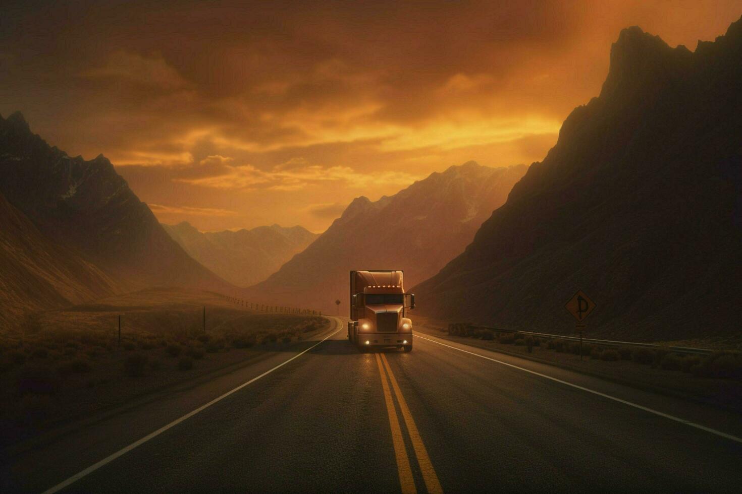 truck driving through mountain pass at sunset photo