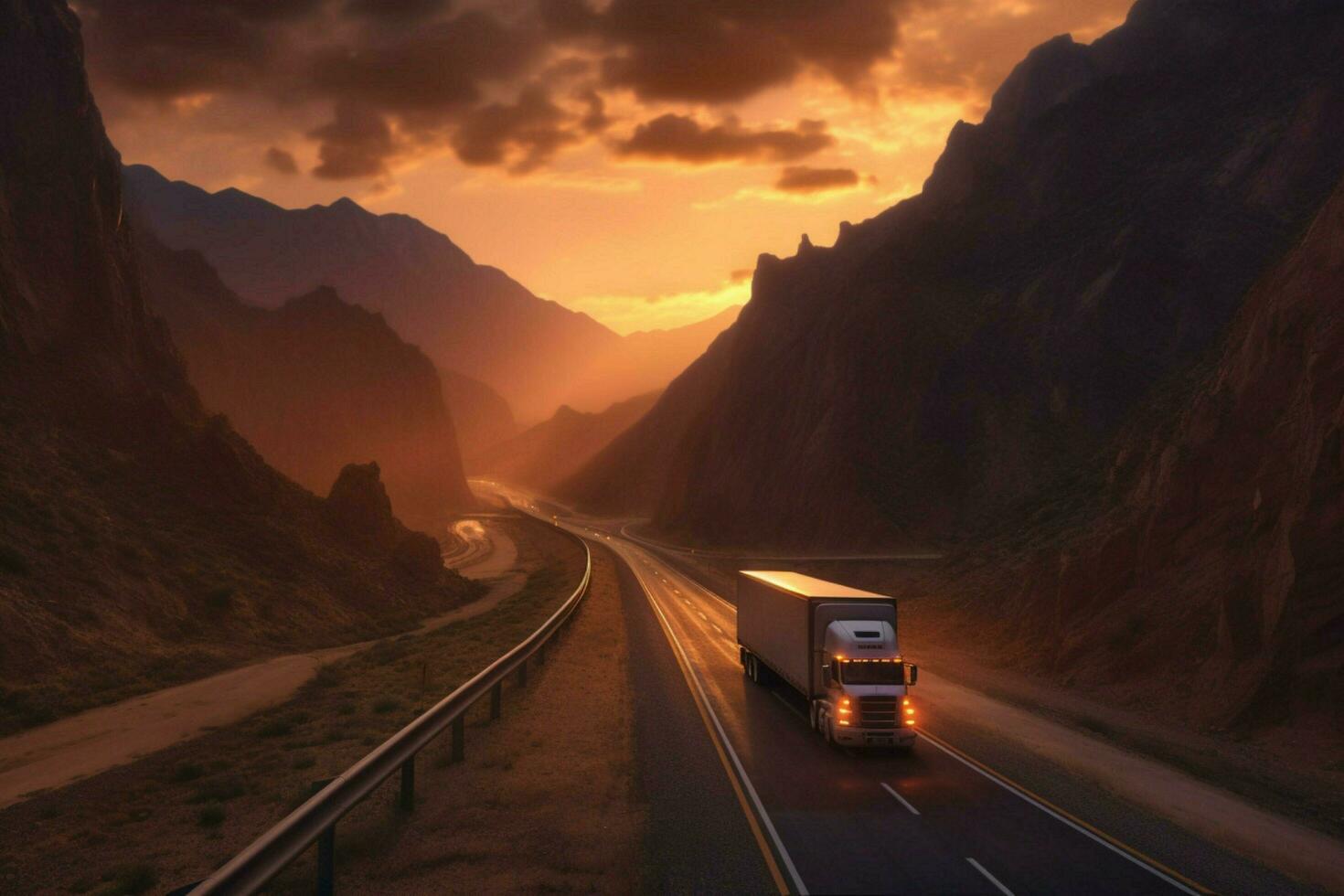 truck driving through mountain pass at sunset photo
