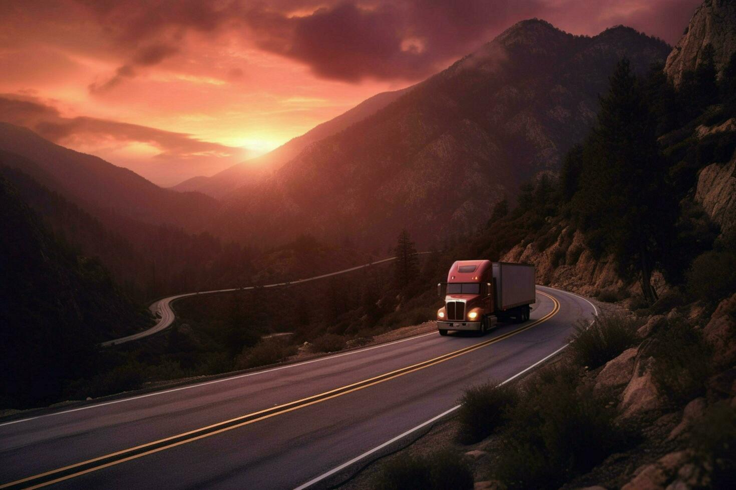 truck driving through mountain pass at sunset photo