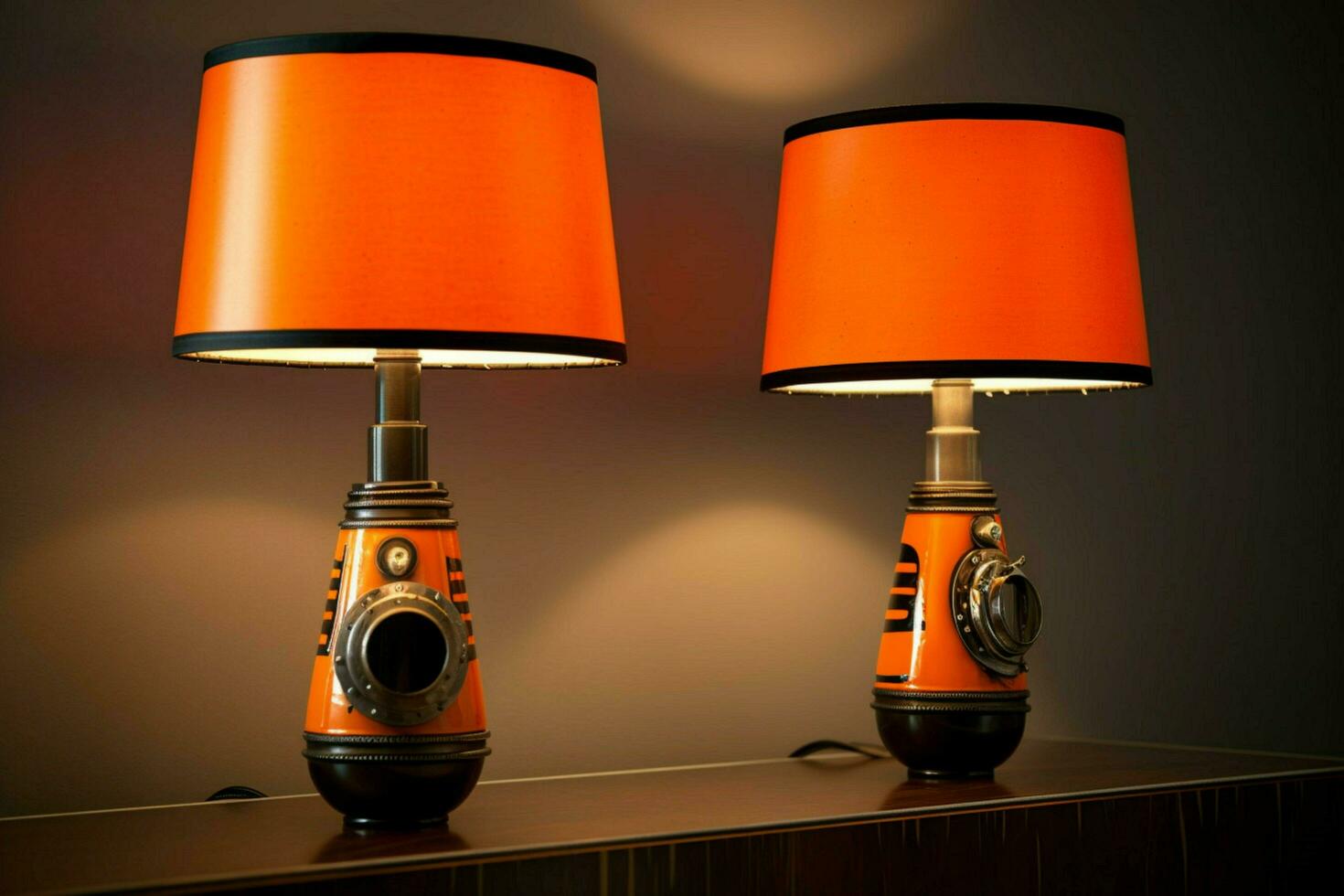 two orange and black lamps with the word photo