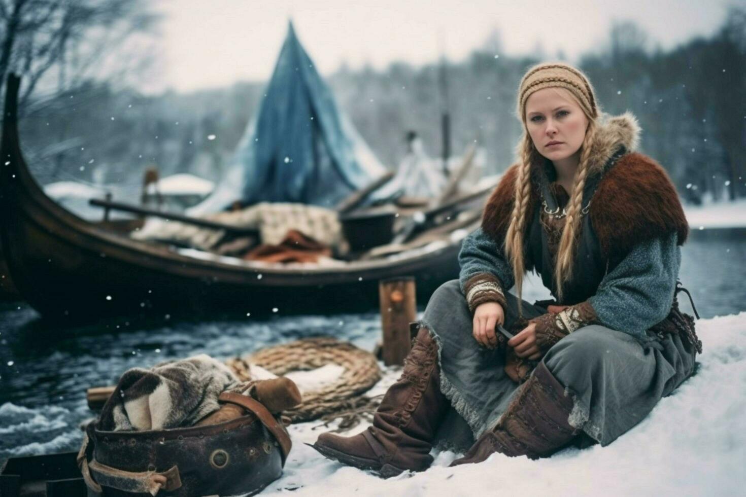 vikingo mayor mujer nieve asentamiento foto