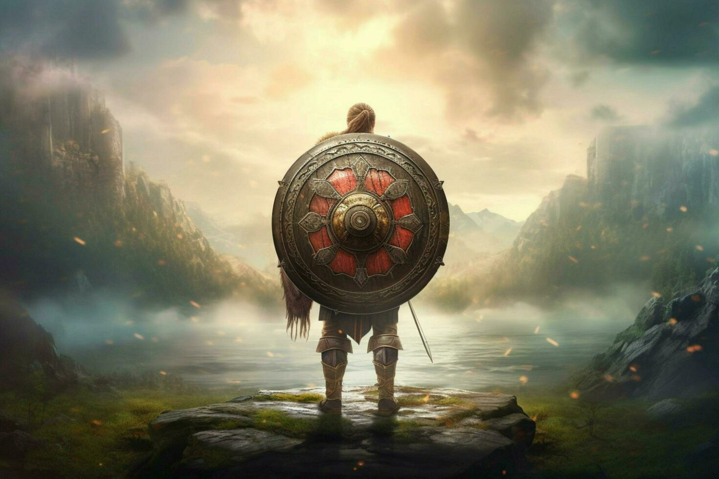 warrior man shield gaming fictional world photo