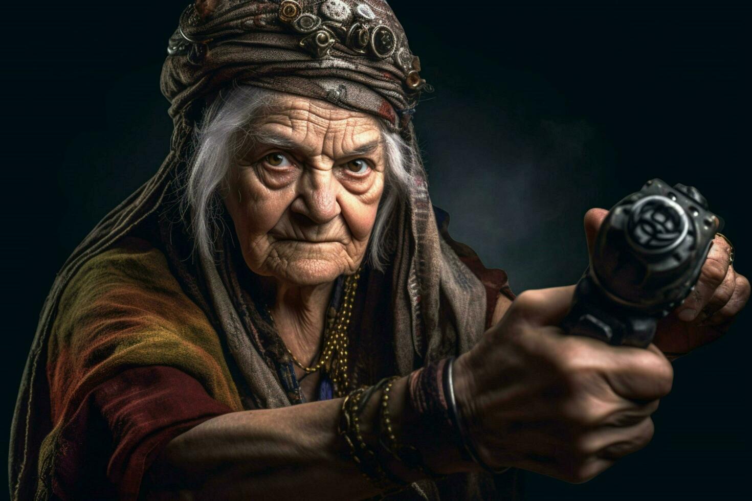warrior senior woman gaming fictional world photo