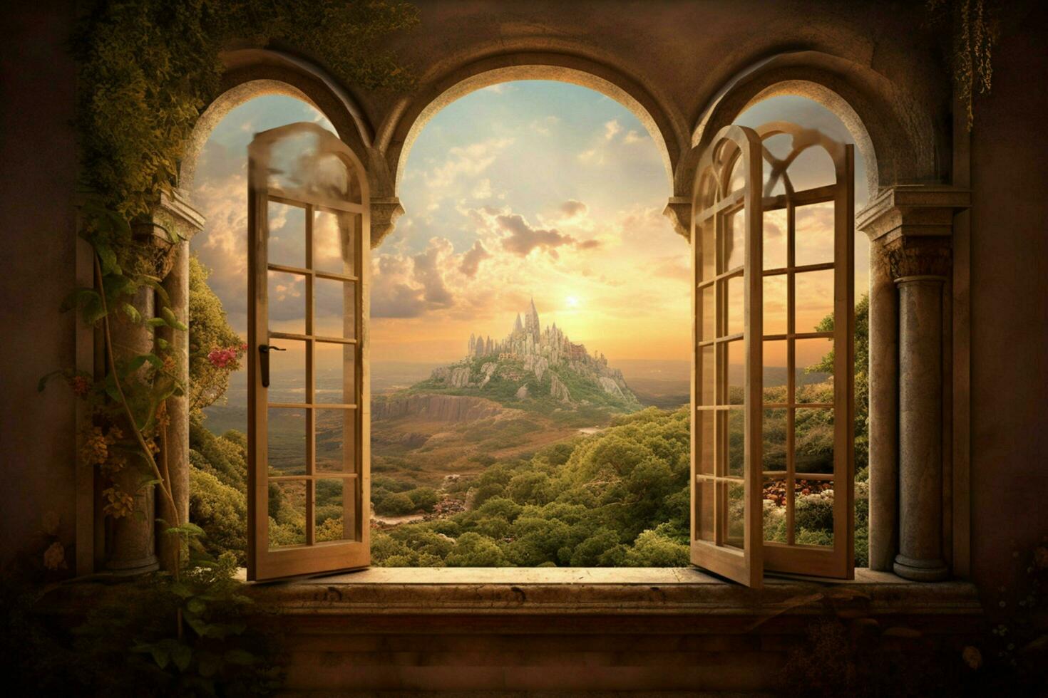 ventana con surrealista y mágico paisaje ver foto