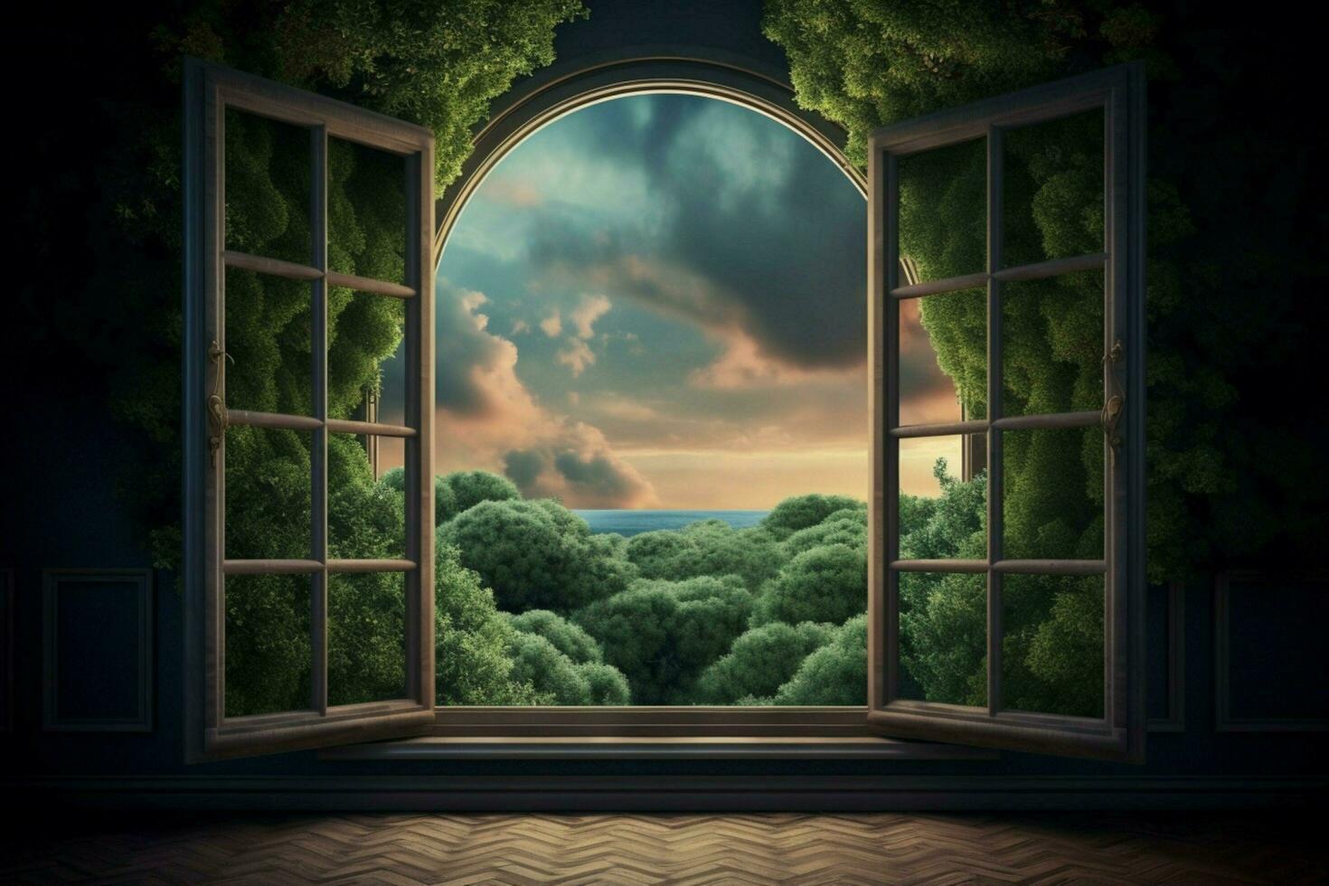 window with surreal and magical landscape view photo
