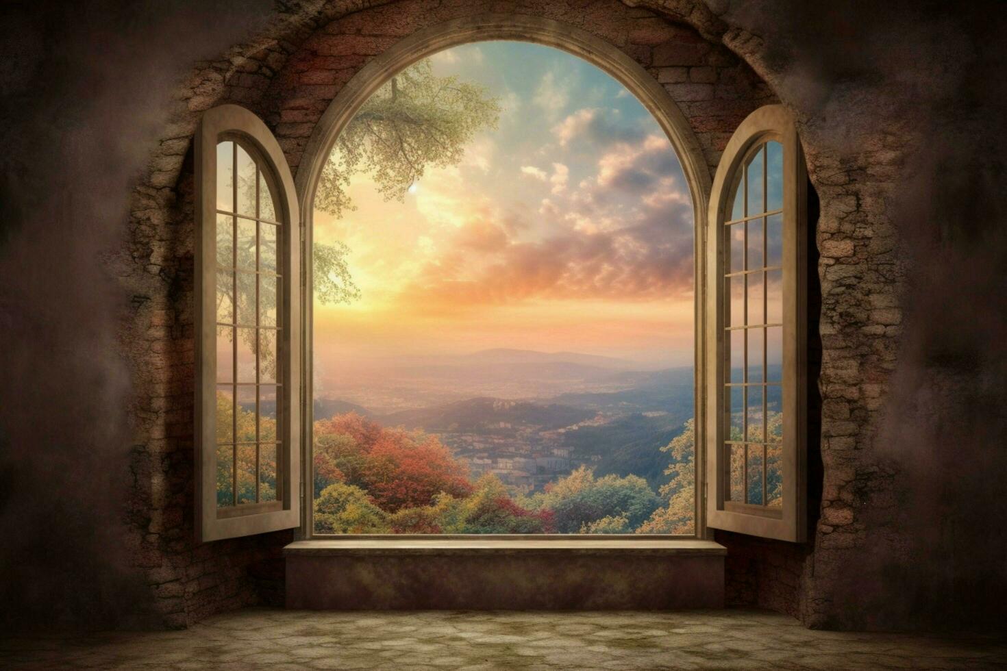 window with surreal and magical landscape view photo