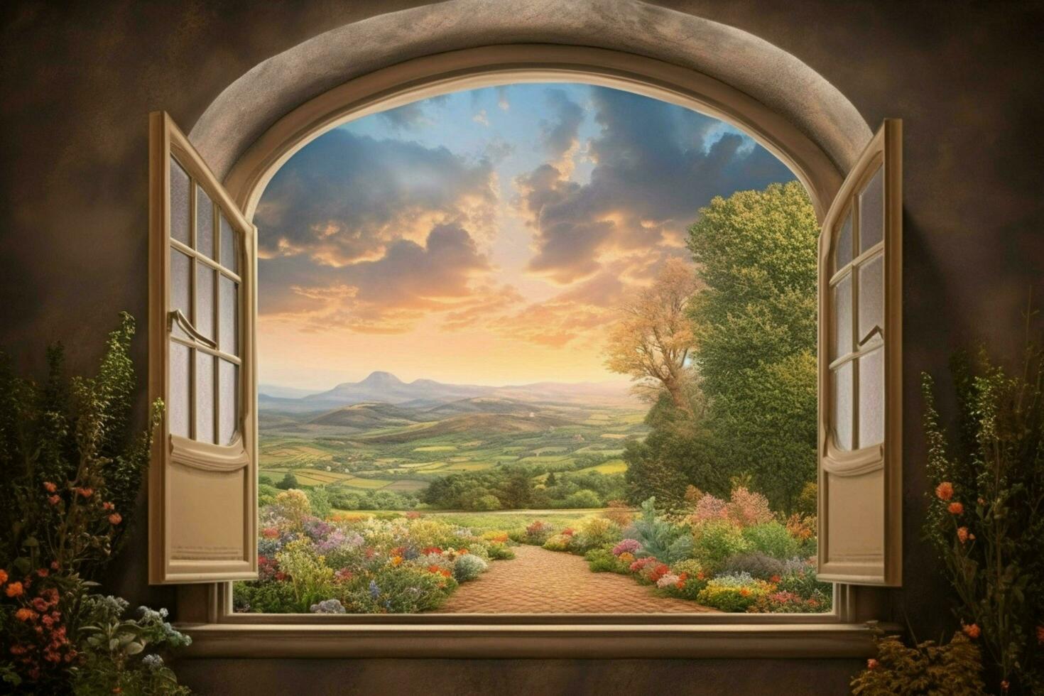 ventana con surrealista y mágico paisaje ver foto