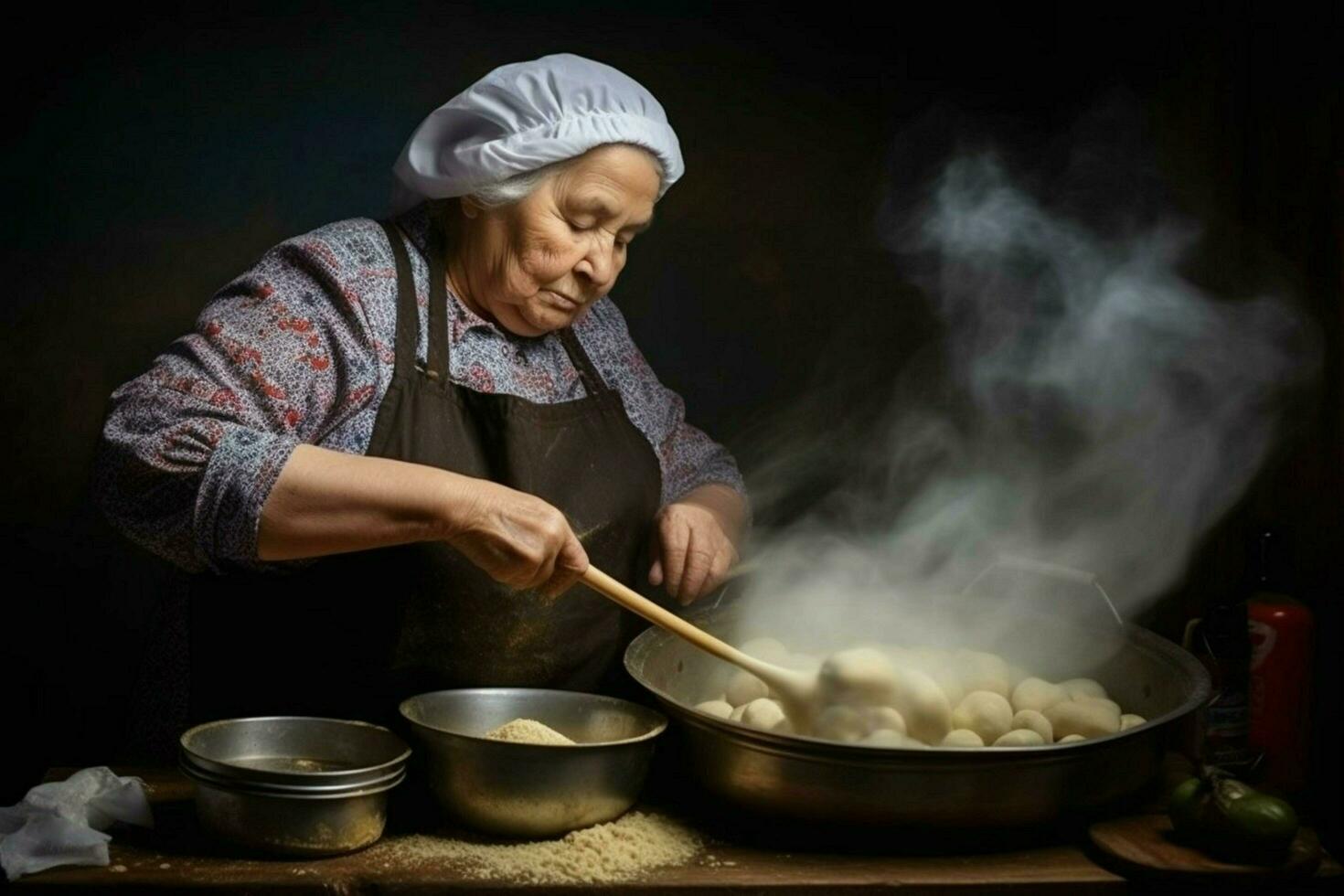 mujer haciendo machacado hogar patata foto