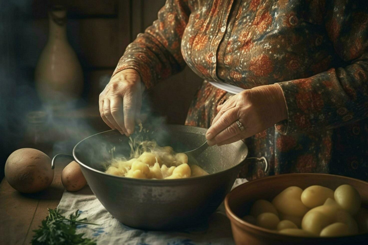 mujer haciendo machacado hogar patata foto