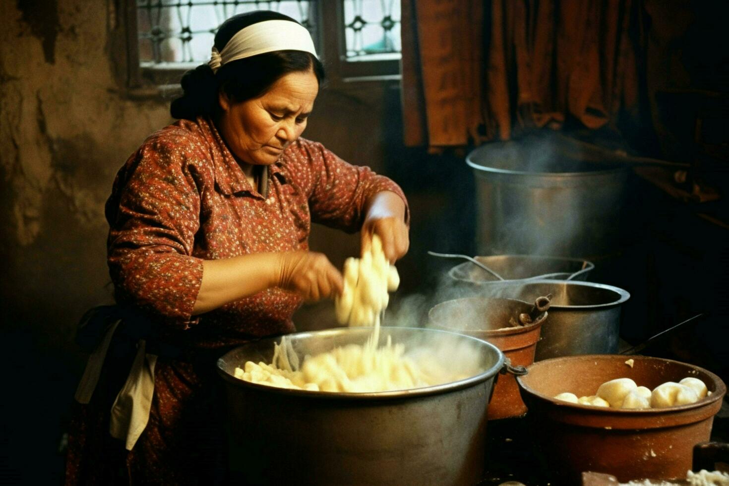 mujer haciendo machacado hogar patata foto